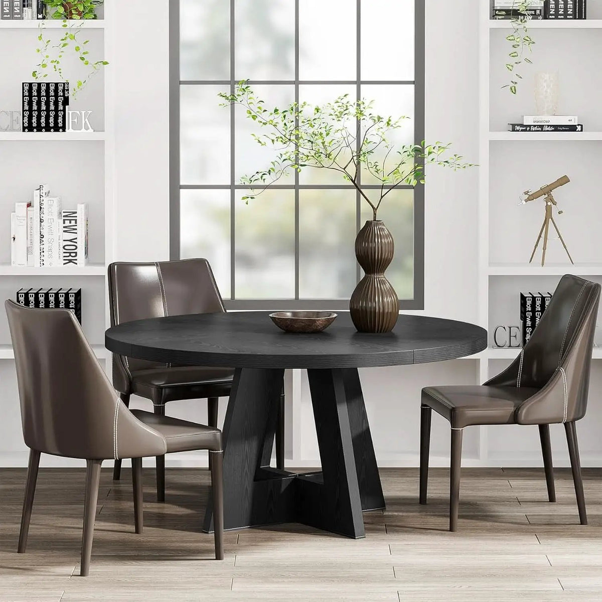 Round Wood Dining Table Farmhouse 47 Inch For Dining Room With Cross Base Black from PriceLows™