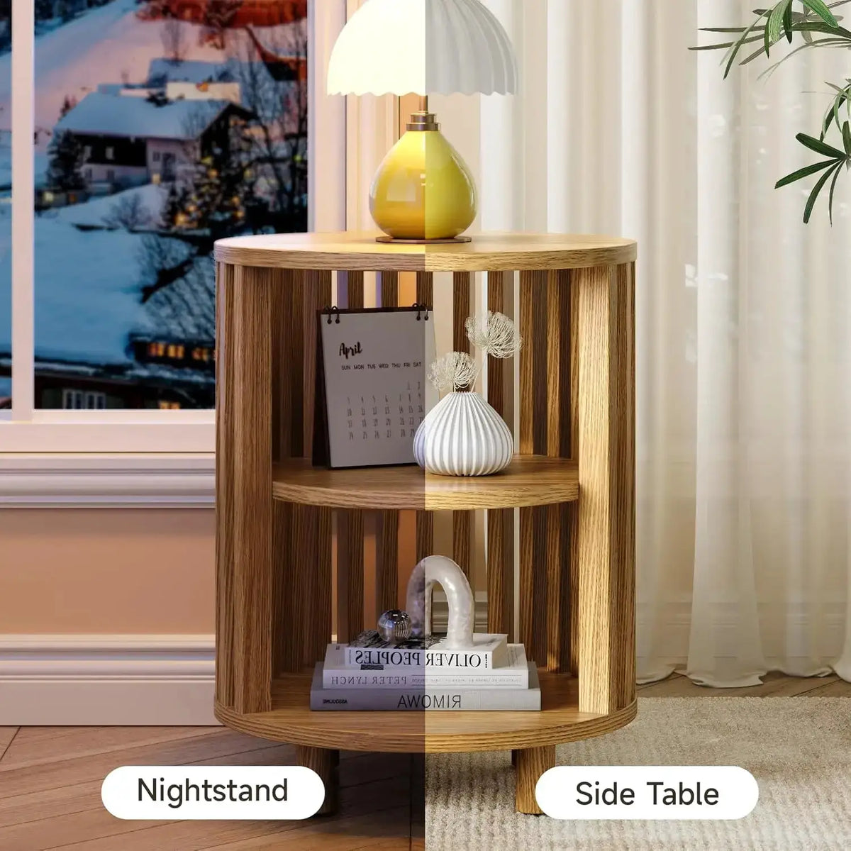 Round End Table, Wood Bedside Table, Mid Century Modern Nightstand with Open Storage Shelf, 3 Tier Small Side Tables for Living Room, Bedroom, Curved Profile Design, Natural Oak(2-Pack) from PriceLows™