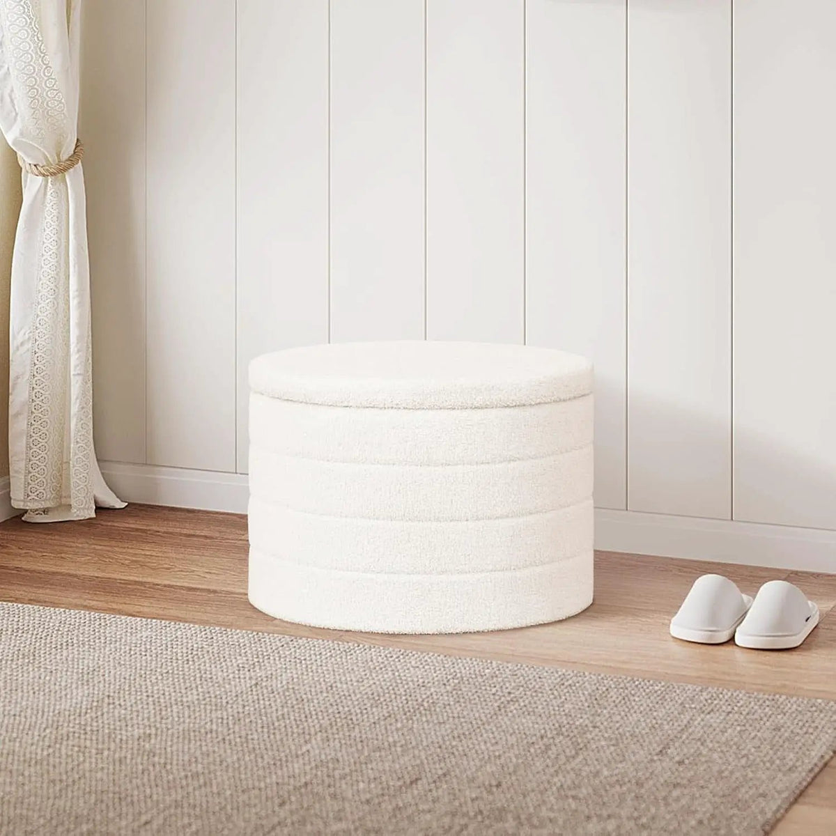 Rounded White Luxurious Boucle Storage Ottoman Lid from PriceLows™