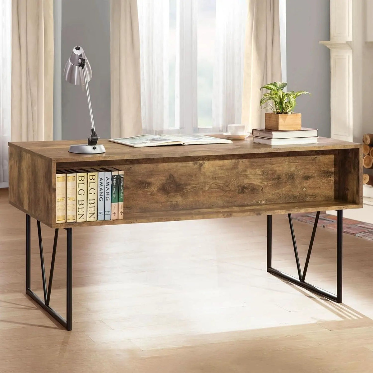 Rustic 63 Inch Writing Desk with Four Storage Drawers from PriceLows™
