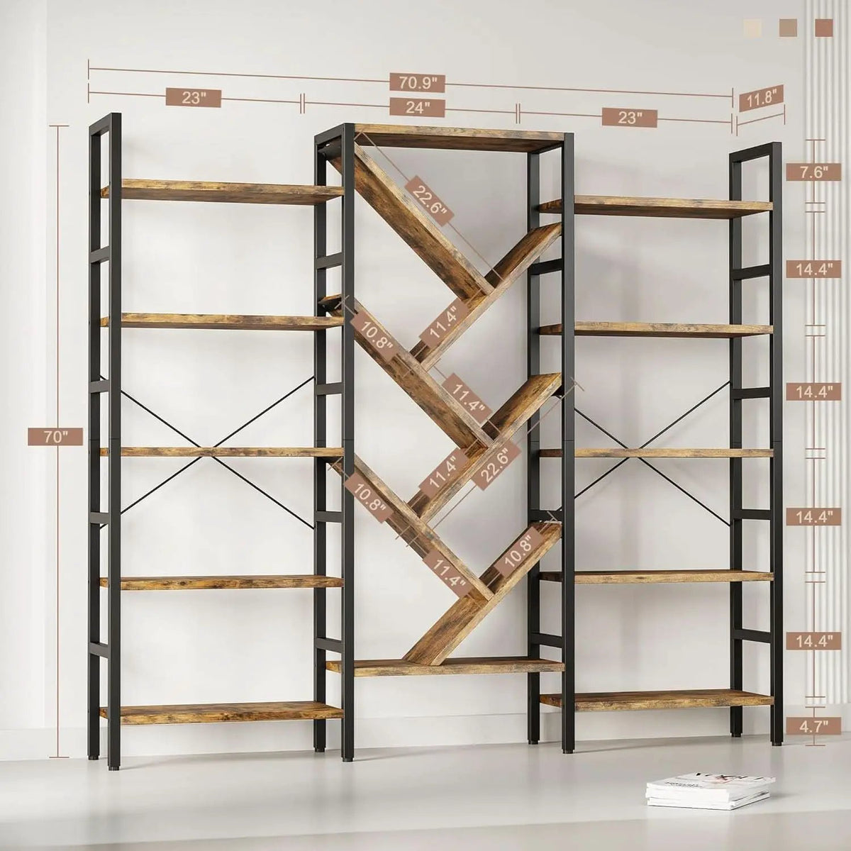 Rustic Brown 5 Tier Wooden Bookcase With Metal Frame from PriceLows™