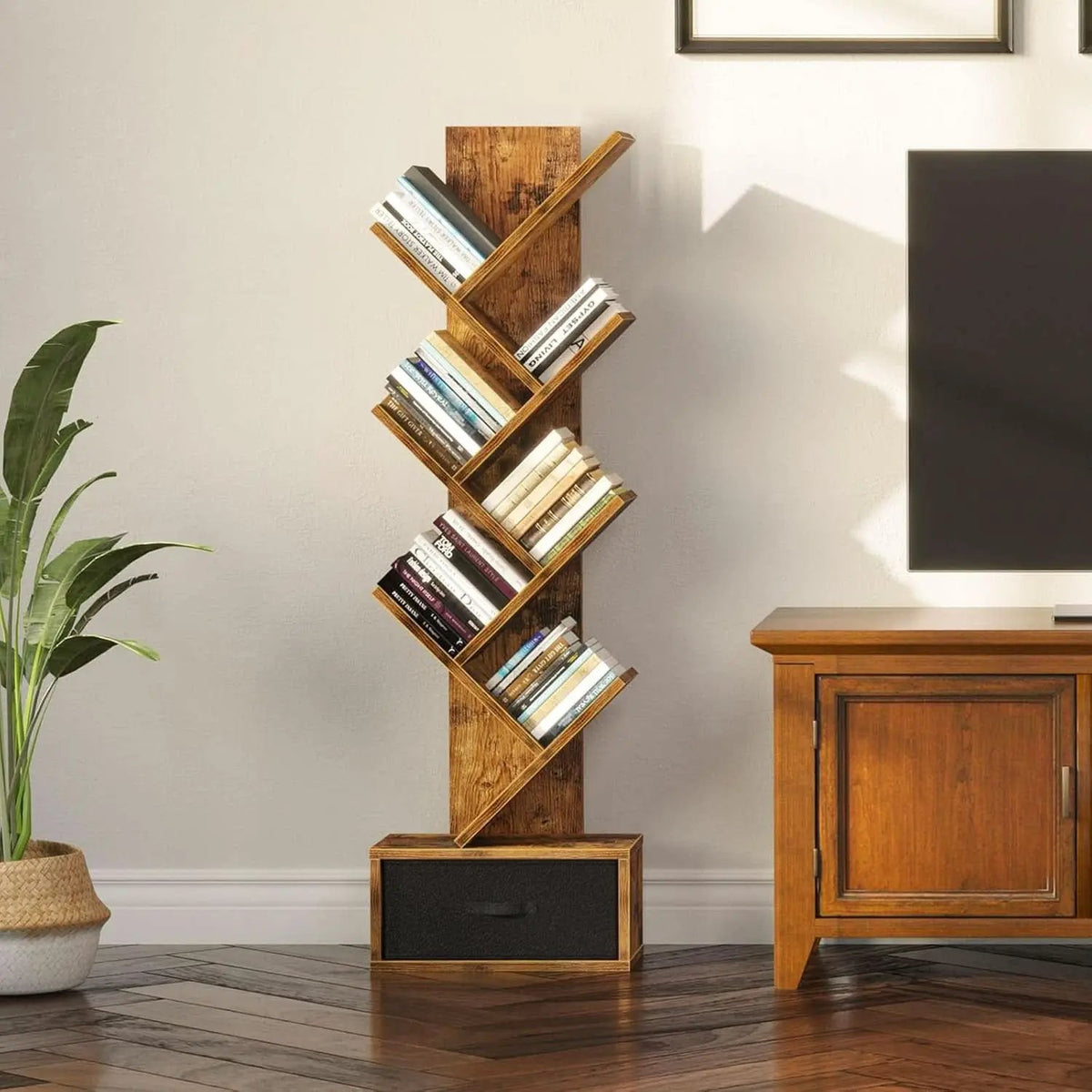 Rustic Brown 7 Shelf Tree Bookshelf With Drawer Living Room from PriceLows™