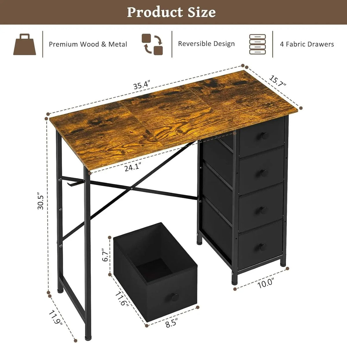 Rustic Brown Home Office Computer Desk With Fabric Drawers from PriceLows™