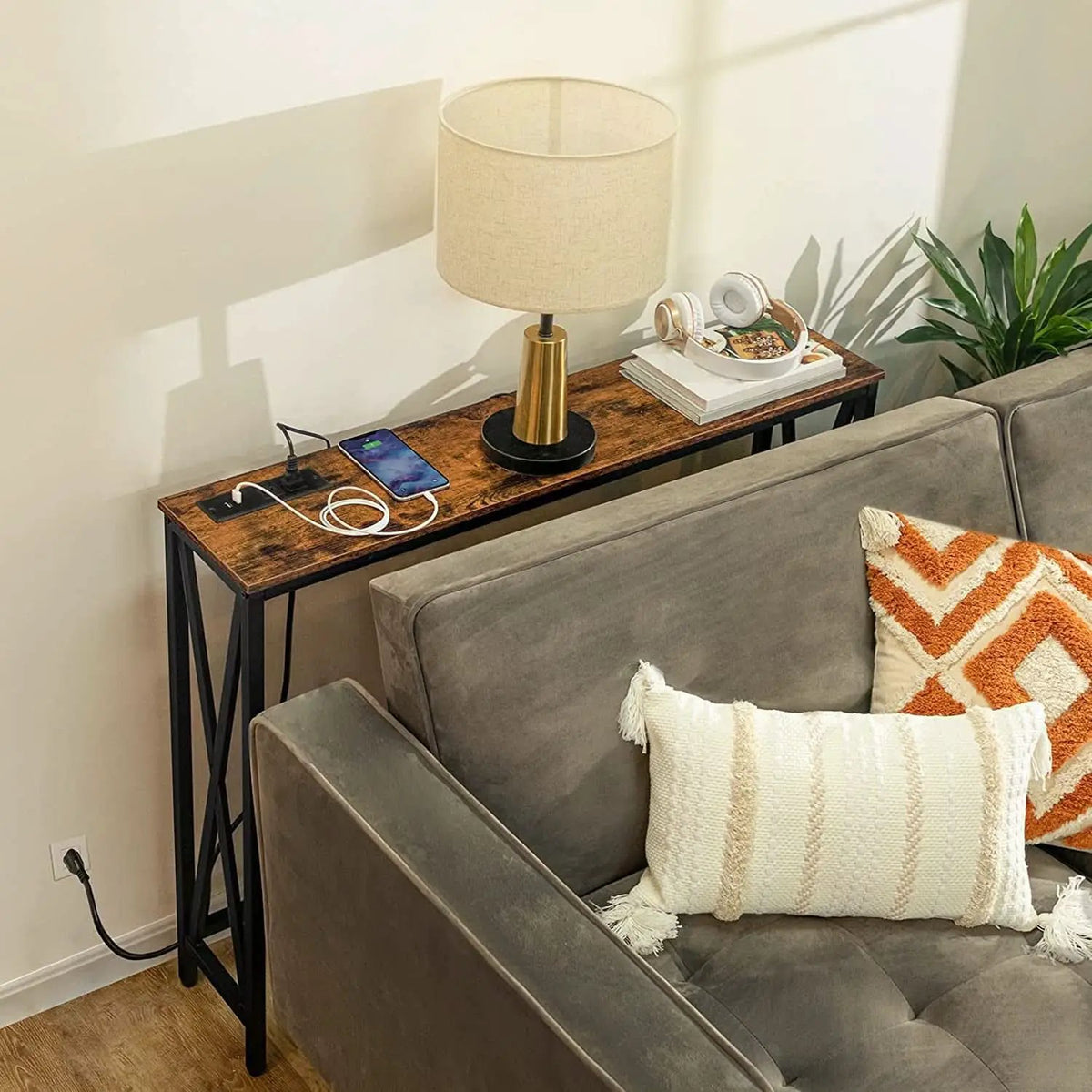 Rustic Brown Sofa Table With Power Outlet And USB Ports from PriceLows™