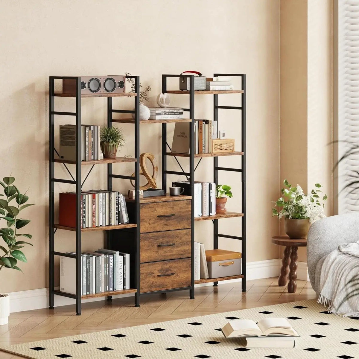 Rustic Brown Triple Bookshelf With Drawers 47 Inch Wide from PriceLows™