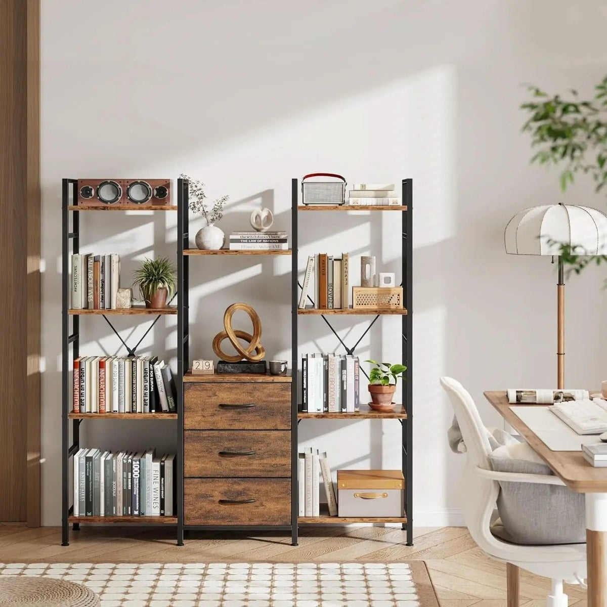 Rustic Brown Triple Bookshelf With Drawers 47 Inch Wide from PriceLows™