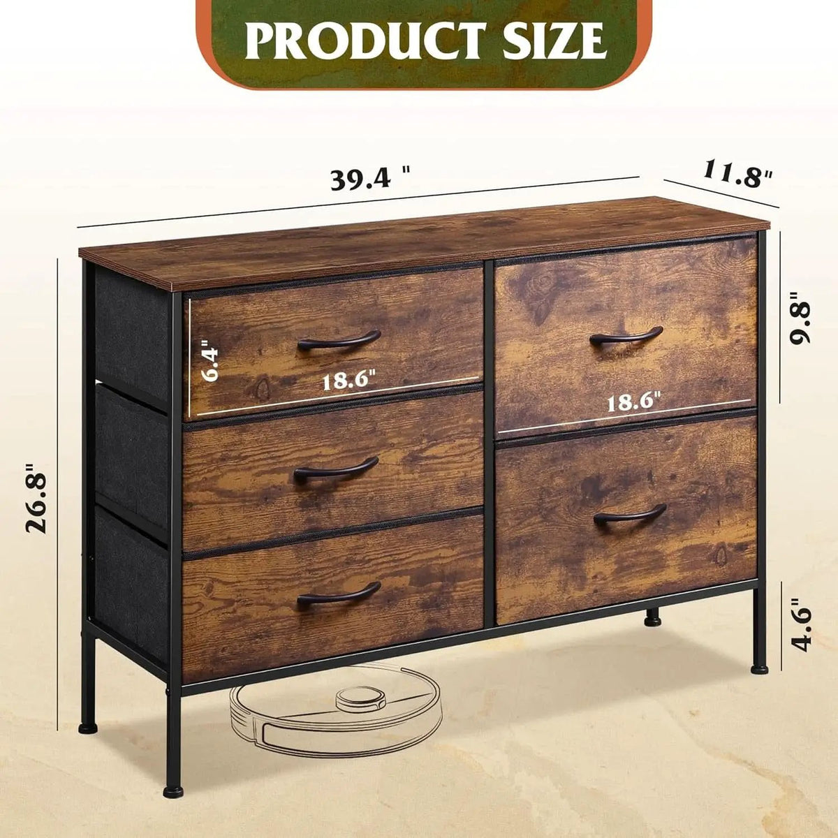 Rustic Brown Wood Grain 5 Drawer Dresser For Bedroom from PriceLows™