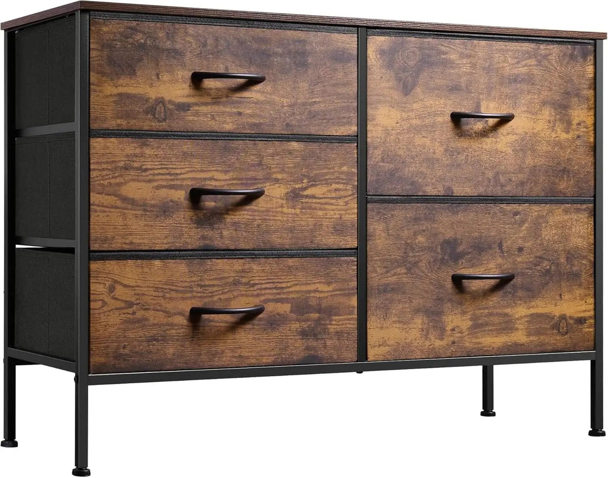 Rustic Brown Wood Grain 5 Drawer Dresser For Bedroom from PriceLows™