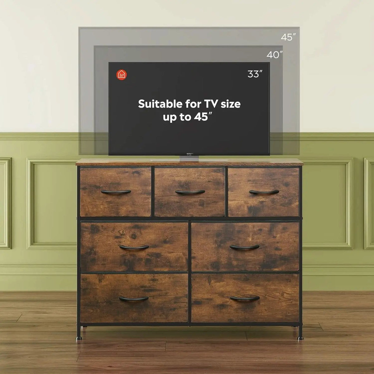 Rustic Fabric Dresser TV Stand With Wood Top And Metal Frame from PriceLows™