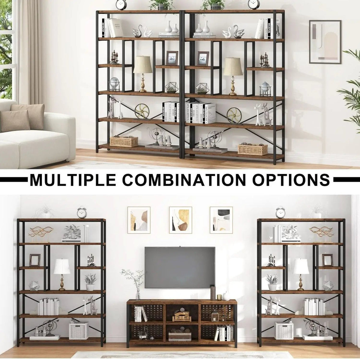 Rustic Industrial 6 Tier Bookcase Brown Wood Black Metal from PriceLows™