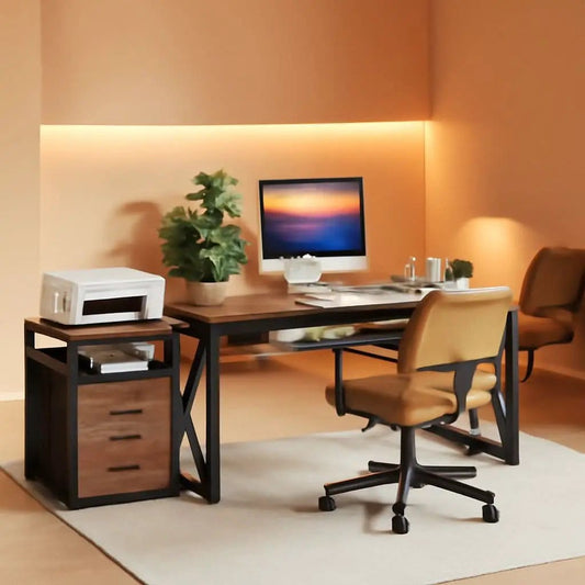 Rustic L Shaped Desk With Storage Cabinet On Wheels from PriceLows™