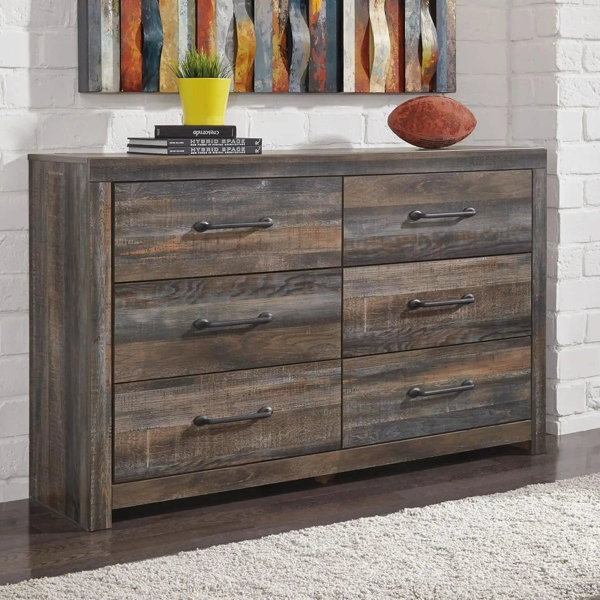 Rusticated Six Drawer Dresser Weathered Brown Bedroom from PriceLows™