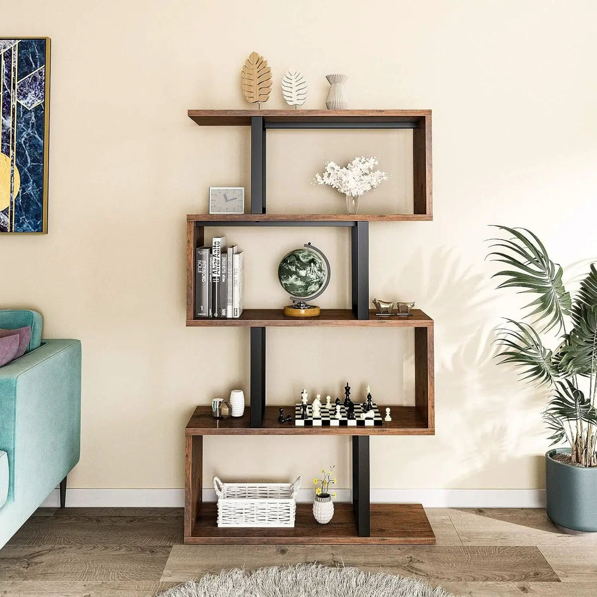 S Shaped 5 Tier Bookshelf Bookcase In Retro Brown Finish from PriceLows™
