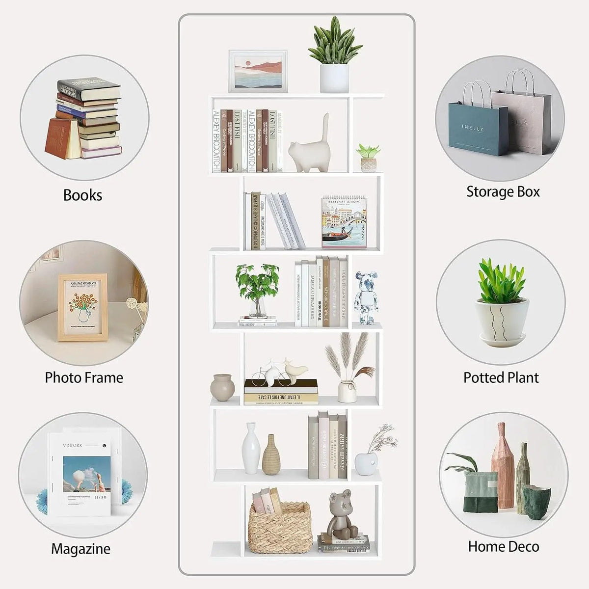 S Shaped Bookshelf White 6 Tier Display Bookcase Office from PriceLows™