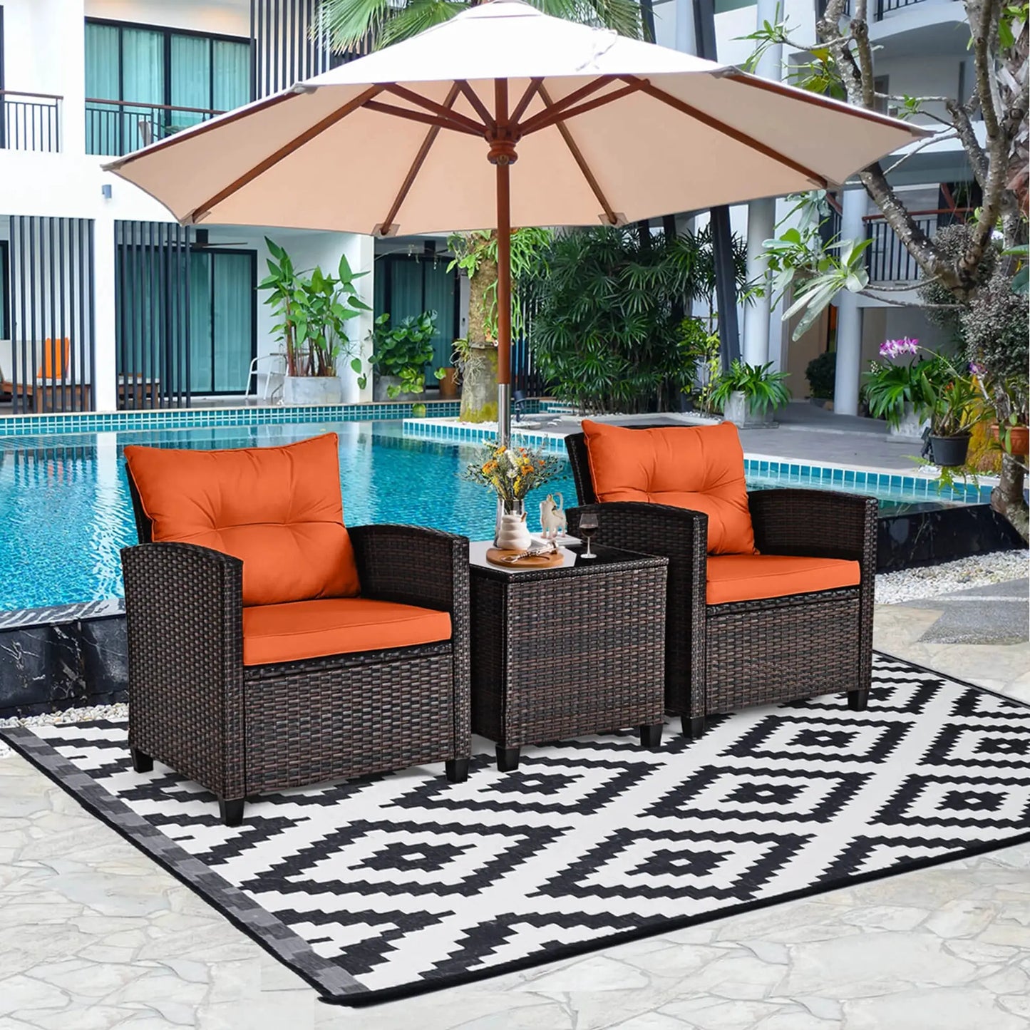 3 PCS Patio Rattan Furniture Set Cushioned Conversation Set Sofa Orange from PriceLows™