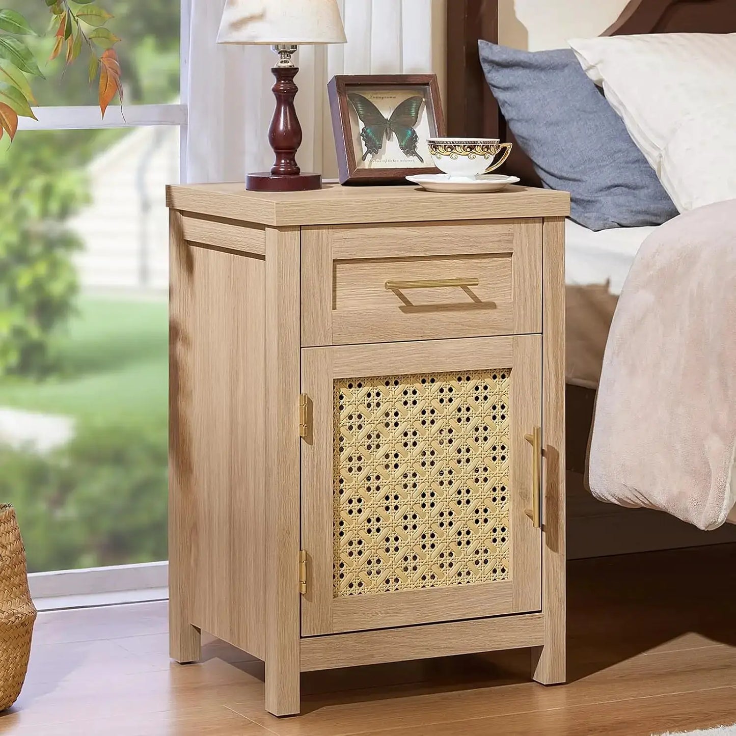 Boho Rattan Nightstand Set of 2 with Type-C Charging Station, Drawer & Adjustable Shelf, Natural Oak from PriceLows™