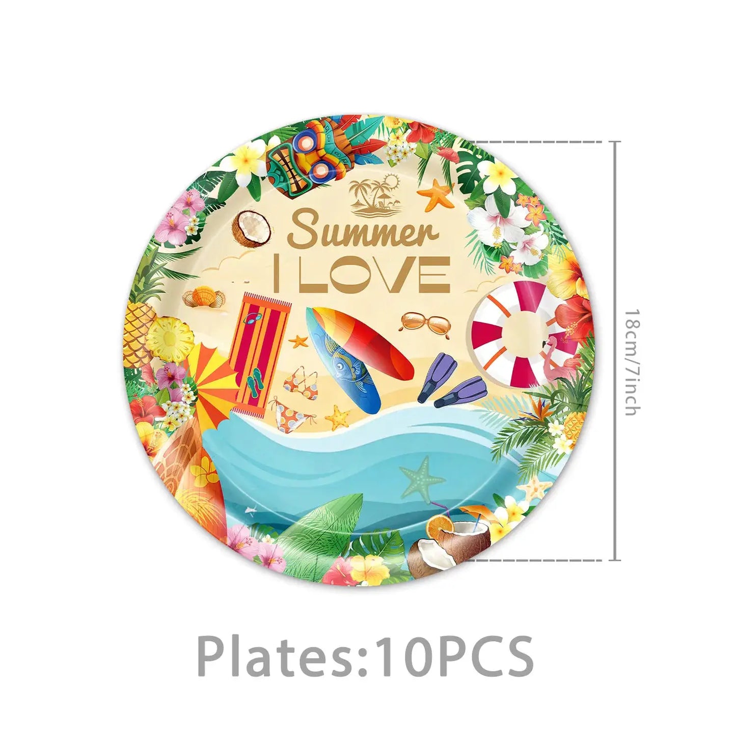 Summer Beach Party Tableware Set | Paper Plates Cups Napkins With Tablecloth