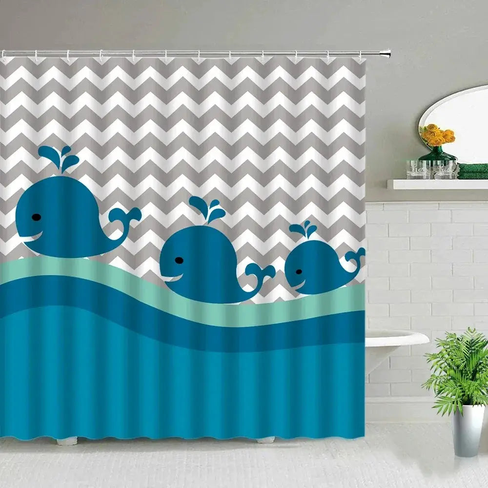 Colorful Cartoons Fish Shark Shower Curtains Ocean Life Children's Bathroom Home Decor Cloth Curtain Set Waterproof Bath Screens from PriceLows™
