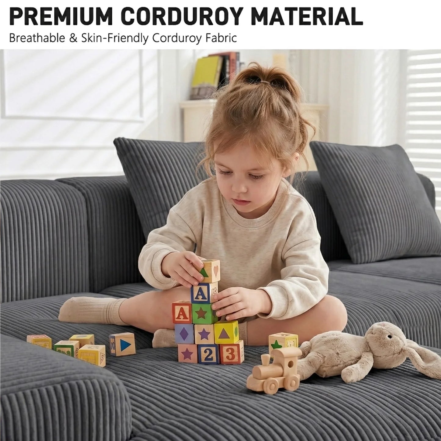 Modular Sectional Sofa | 118 Inch | L Shaped With Movable Ottoman | Beige