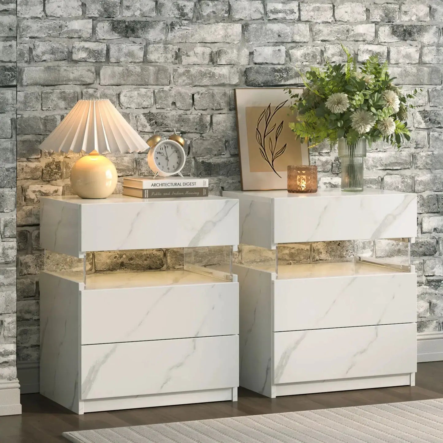 Cubehom Bedside Tables 2 Set with LED Lighting White Bedside Table with 3 Drawers Bedside Table for Bedroom from PriceLows™