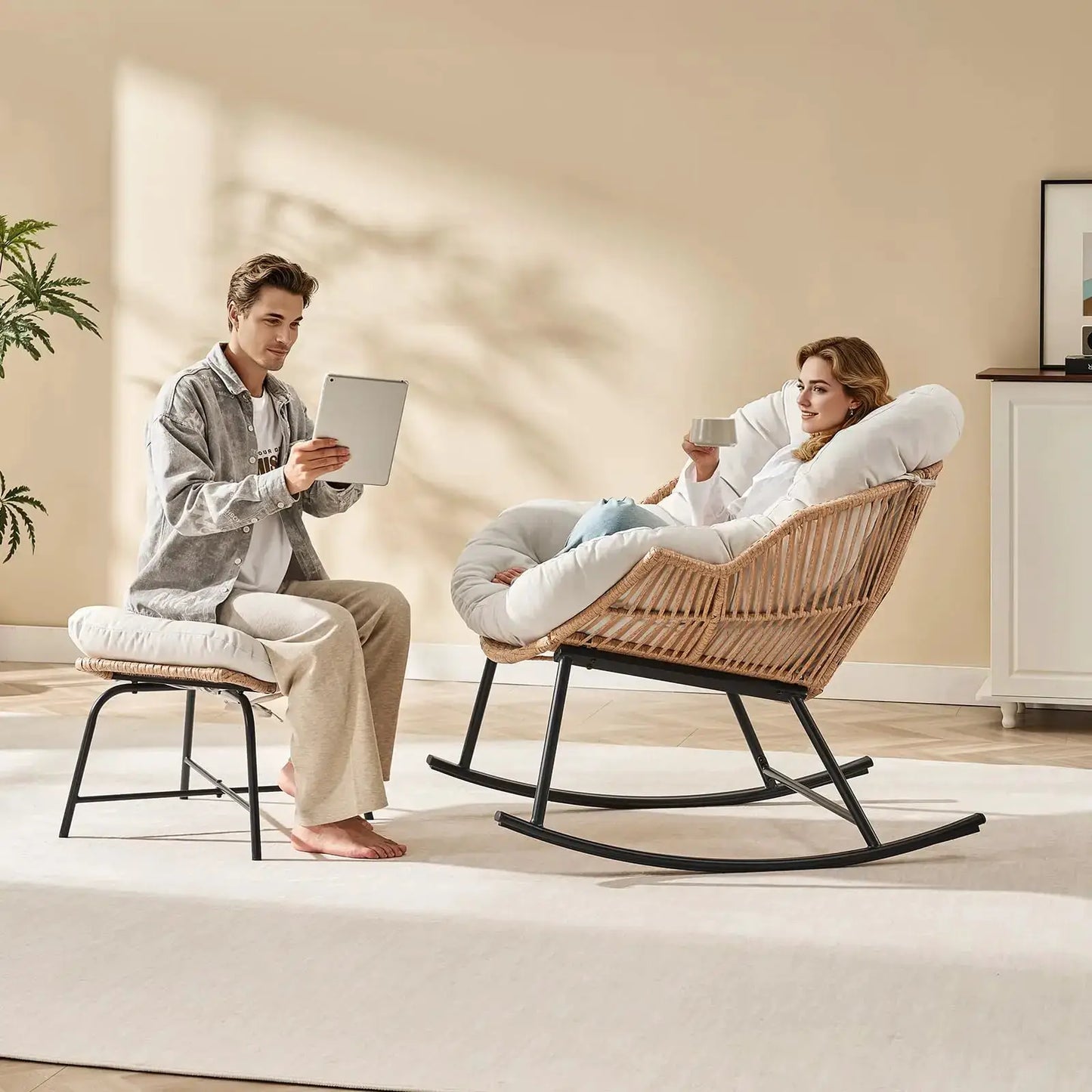 Grey Rattan Papasan Rocking Chair with Ottoman, Oversized Wicker Egg Patio Chair Indoor & Outdoor Lounge Rocker Chair for Garden from PriceLows™