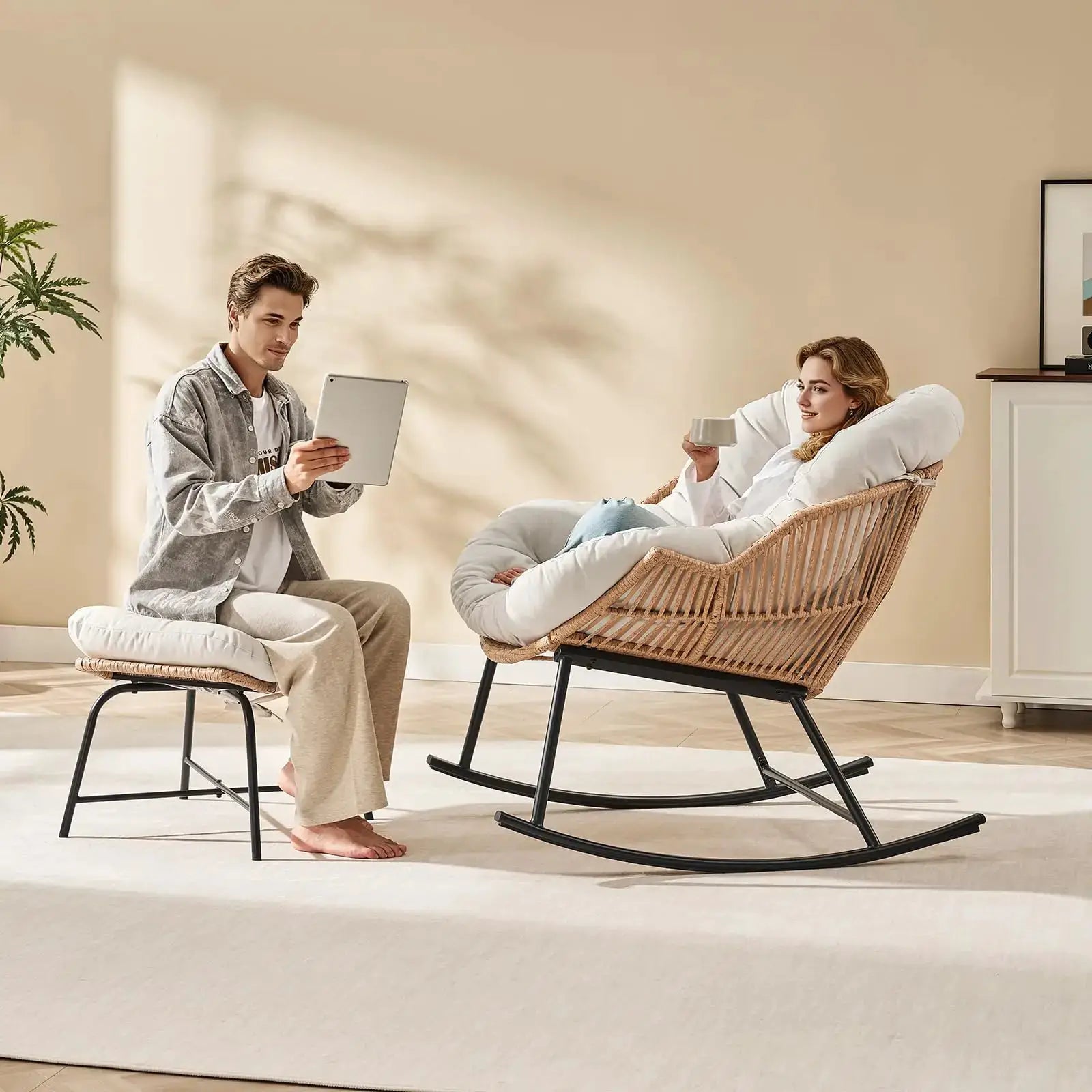 Grey Rattan Papasan Rocking Chair with Ottoman, Oversized Wicker Egg Patio Chair Indoor & Outdoor Lounge Rocker Chair for Garden from PriceLows™