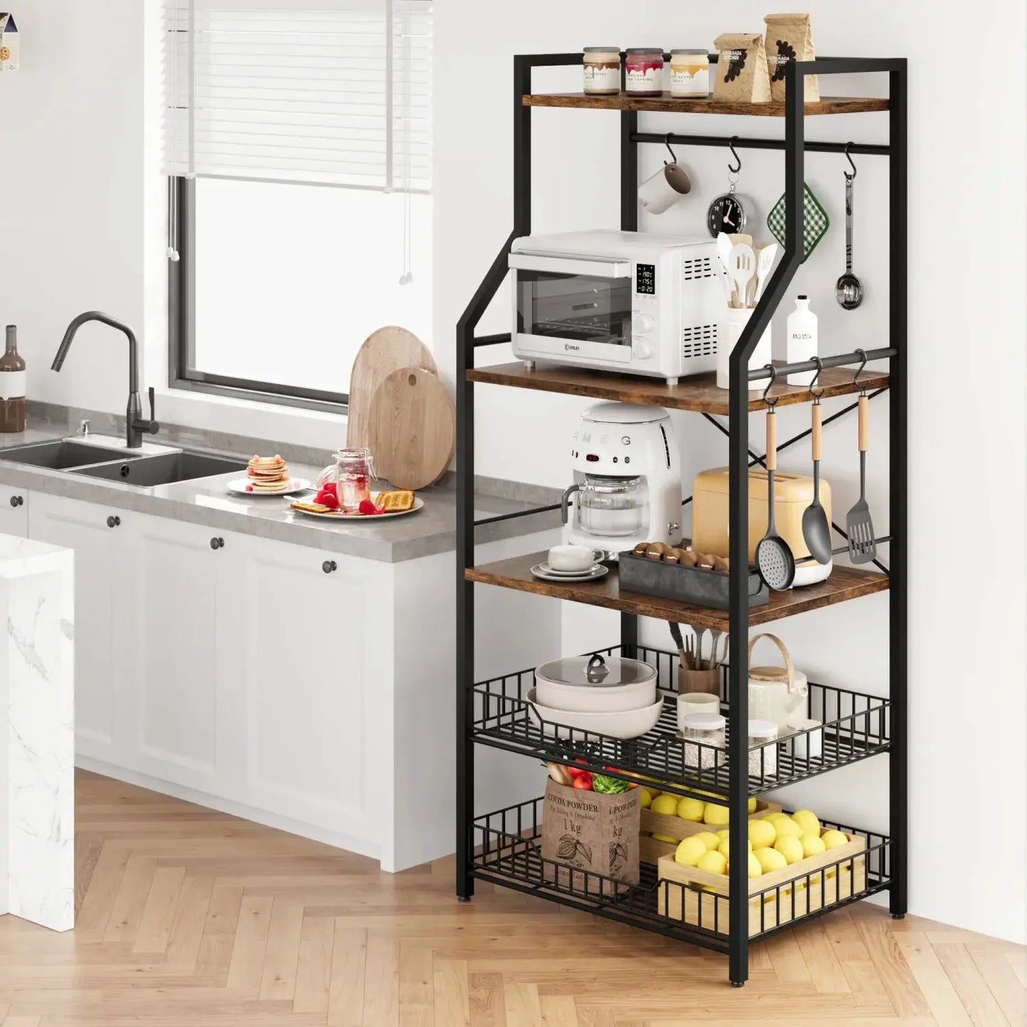 Kitchen Bakers Rack Microwave Oven Stand with 2 Large Wire Basket Industrial Coffee Bar Station from PriceLows™