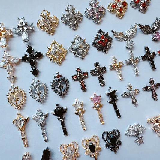 10pcs/lot Luxury Halloween Black Cross Heart Zircon Metal Nails Jewelry Decorations Nail Art Accessories Charms Parts Supplies from PriceLows™