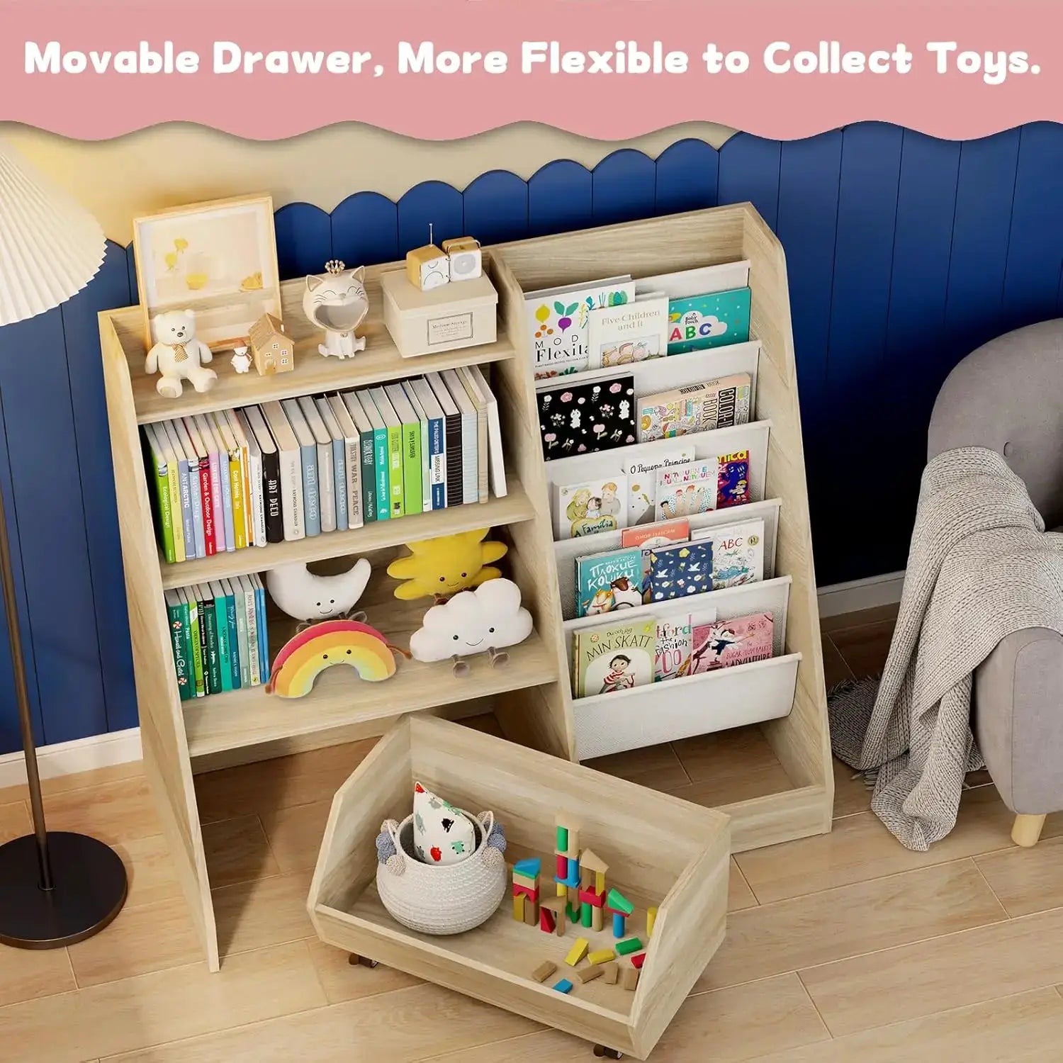 4-Tier Kids Bookshelf with Movable Drawer & 5 Pockets, Montessori Toy Storage for Playroom Nursery from PriceLows™