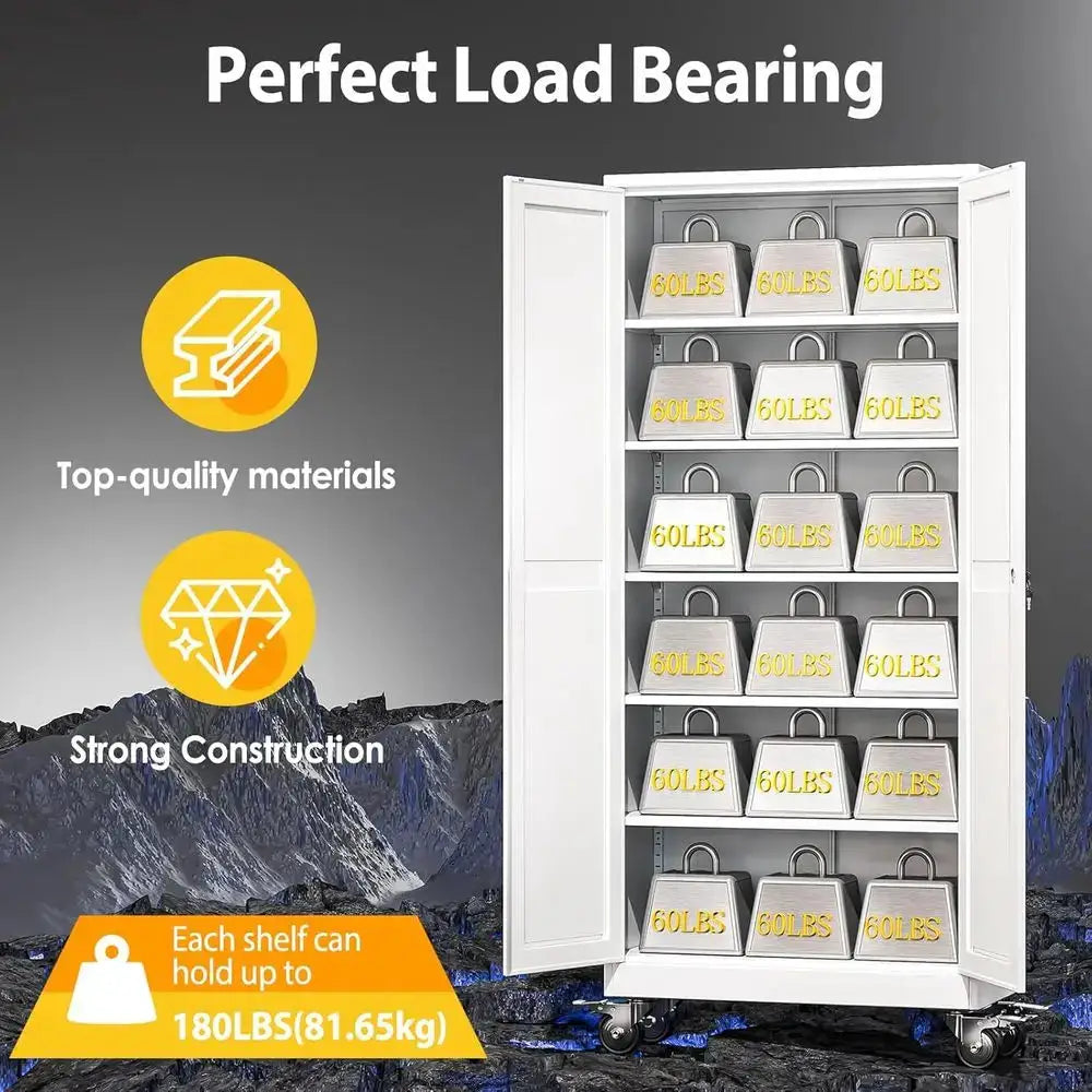 75 High Metal Storage Cabinet with Wheels, 2 Doors & 5 Shelves, White, Ideal for Home, Office, Warehouse from PriceLows™