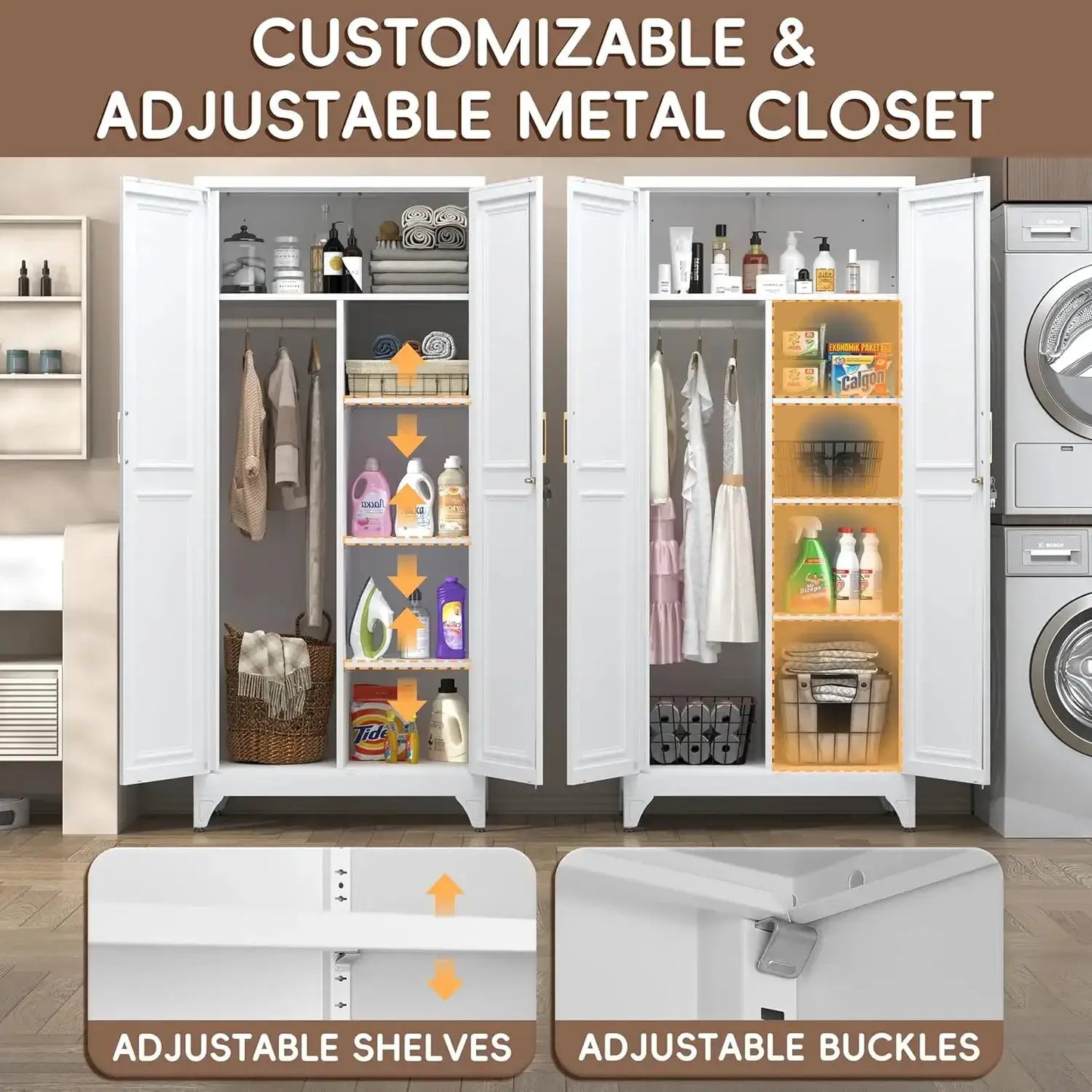 71" Metal Wardrobe Closet with Locking Doors, White Storage Cabinet with Hanging Rod & 3 Shelves for Home Office, Gym from PriceLows™