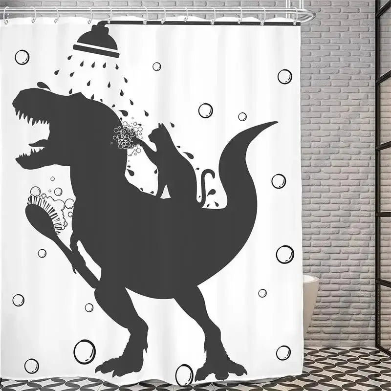 Funny Cat Riding Dinosaur Shower Curtains Cute Animal Sea Waves Surfboard Creative Kids Bath Curtain Set Fabric Bathroom Decor from PriceLows™