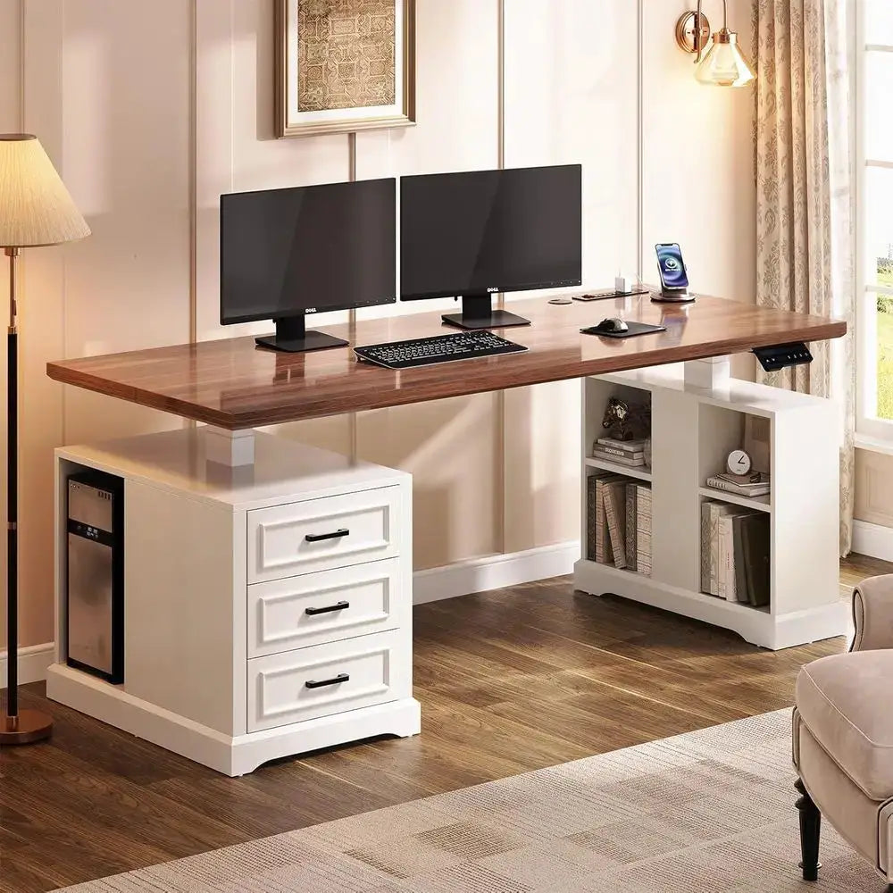 63 Adjustable Electric Standing Desk with 3 Drawers, Shelves, Power Outlets, White Wooden Office Desk for Home Use from PriceLows™