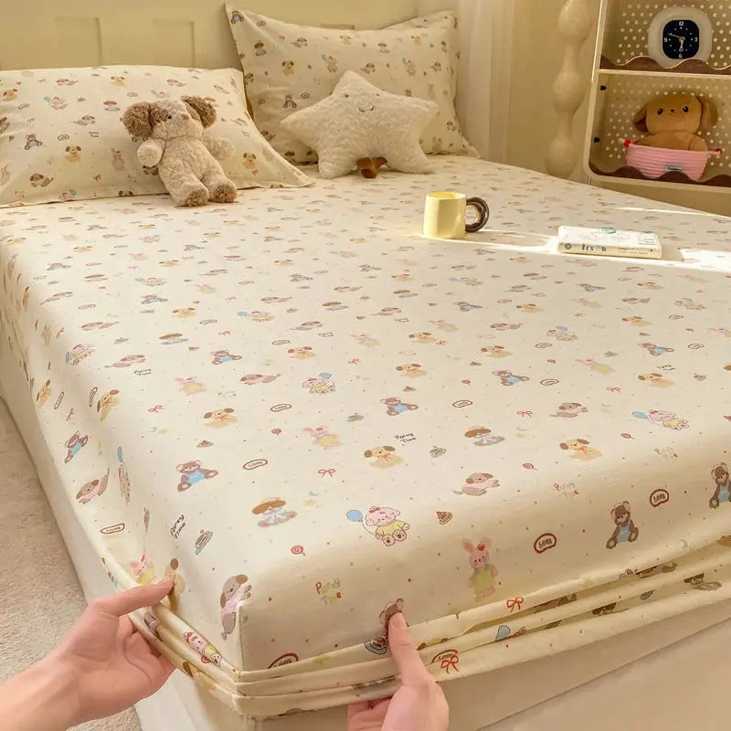100% Cotton Fitted Sheet, Soft Breathable Cartoon Print Mattress Cover, 25cm Deep Pocket Wrinkle Resistant for 1/2 Person Size from PriceLows™