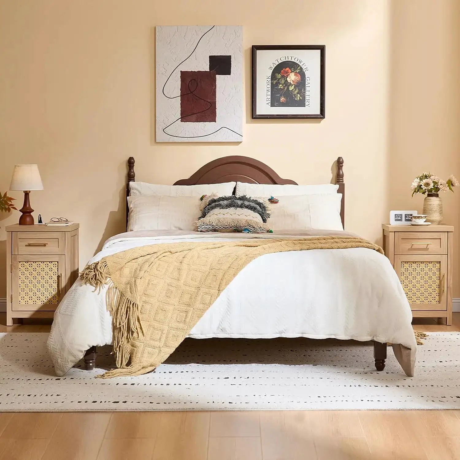 Boho Rattan Nightstand Set of 2 with Type-C Charging Station, Drawer & Adjustable Shelf, Natural Oak from PriceLows™