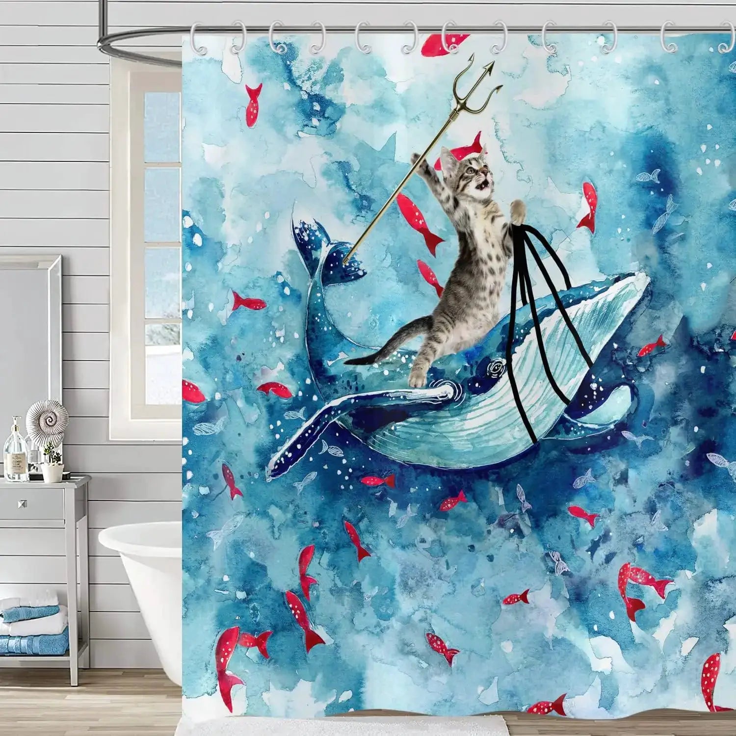 Cute Cat Blue Children Shower Curtain Waterproof Washable Polyester Material Bathroom Decorative Curtain with Hook from PriceLows™