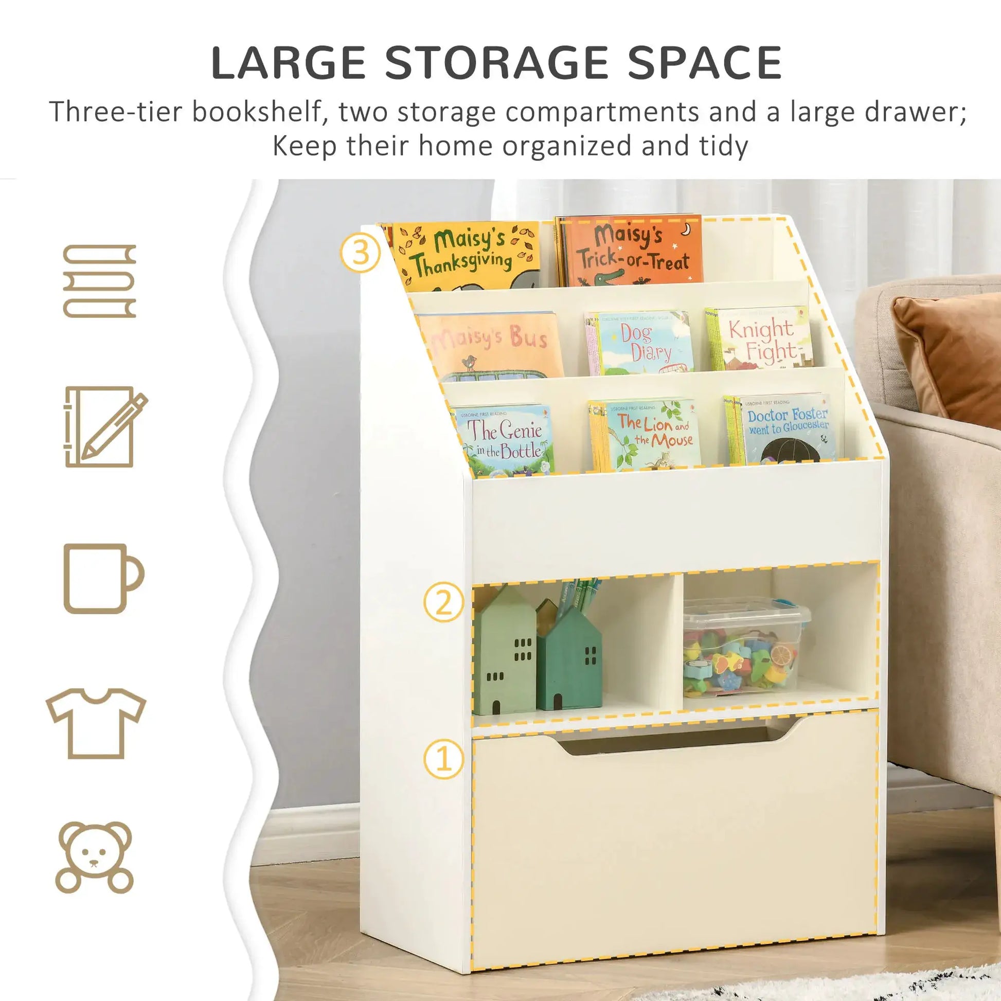 Kids Storage Bookcase Stand w/ Display Shelves & Drawer for Toys & Books, White from PriceLows™