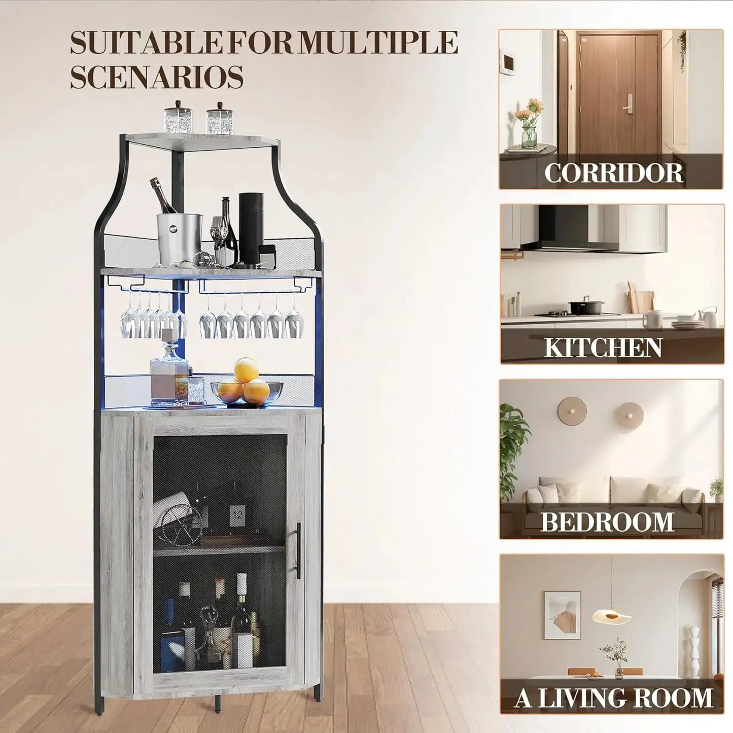 Corner Bar Cabinet Freestanding 5-Tier Wine & Spirits Rack with LED Lights Adjustable Shelves Glass Holder & Mesh Doors for Bar from PriceLows™
