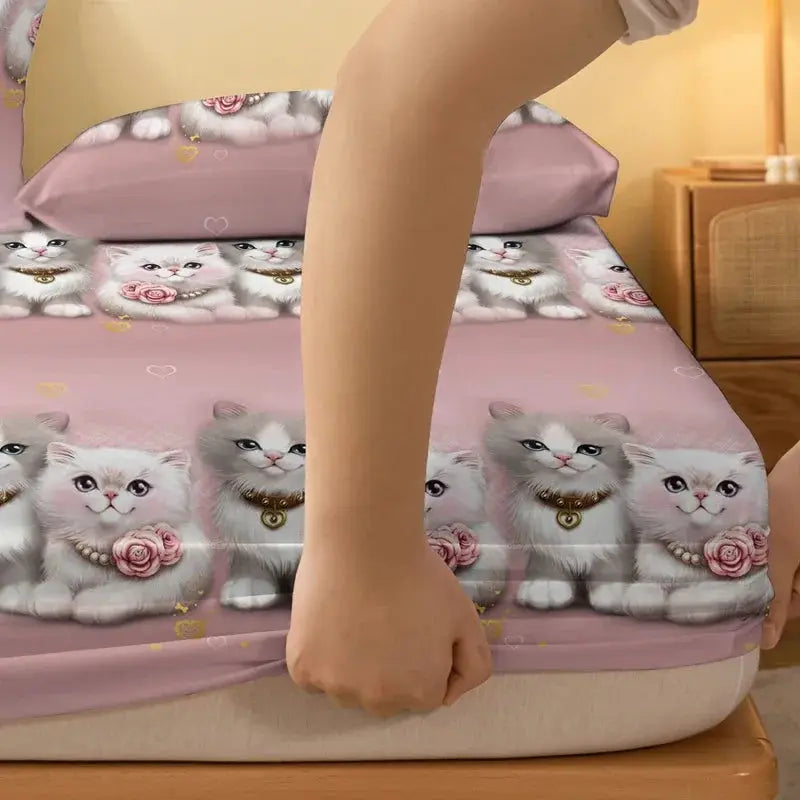1 Cartoon Cute animal Cat printed matte Fitted Sheet, bedroom printed bed cover, bedding (excluding pillowcases) from PriceLows™