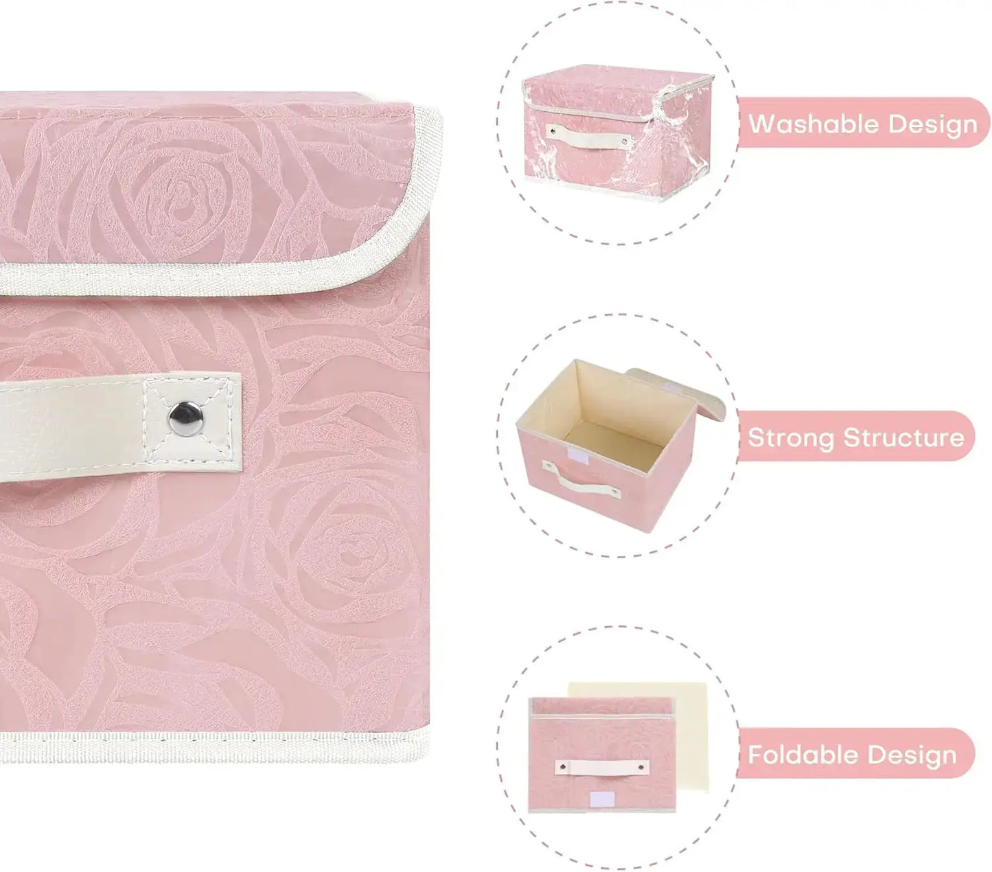 Fabric Storage Bin with Lid Rose Print Storage Box Basket with PU Leather Handles Washable PP Plastic Board Decorative Foldable Lidded Shelf Cubes Closet Organizer Container - Pink, Small Size from PriceLows™