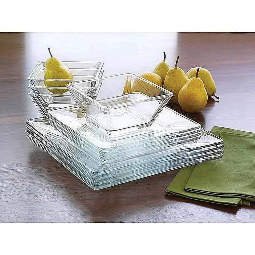 12-Piece Square Clear Glass Dinnerware Set, Elegant and Durable Tableware for Everyday Use, Perfect for Home, Dining Room, Kitchen, or Special Occasions, Includes Plates, Bowls, and Serving Pieces, Microwave and Dishwasher Sa from PriceLows™