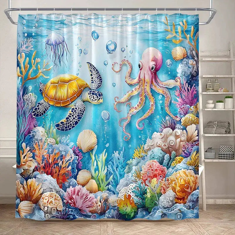 Ocean Animals Sea Turtle Shower Curtains Tropical Fish Coral Underwater Nature Scenery Child Bath Curtain Home Bathroom Decor from PriceLows™
