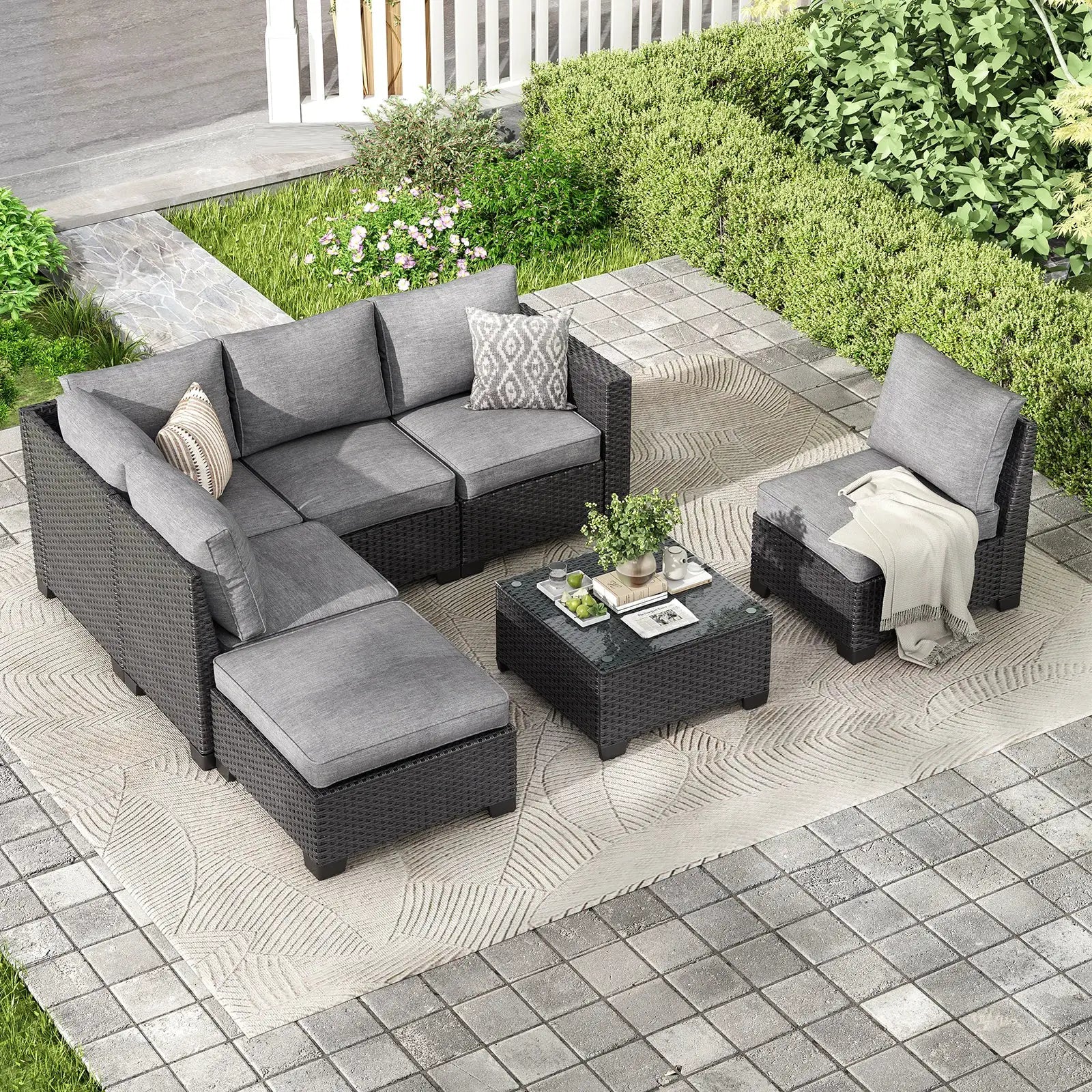 Farini Patio Sectional Sofa Set, Outdoor Furniture with Ottoman, Water/Oil/Stain-Resistant Fabric, Dark Gray Cushion + Gray Wick from PriceLows™