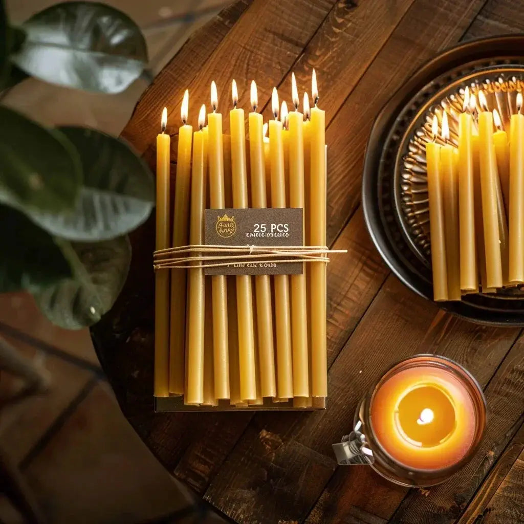 Natural Beeswax Hanukkah Candles | Thin Taper | Unscented | 25 Pack