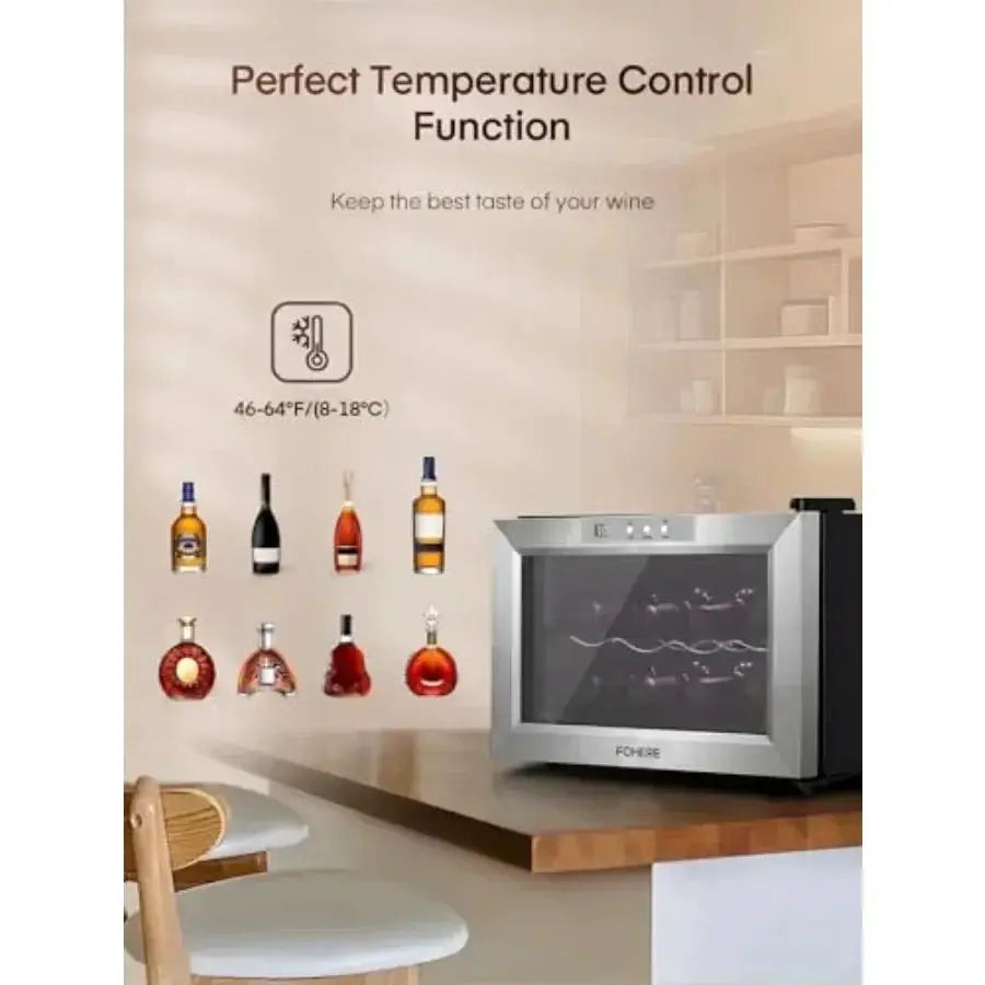 Countertop wine fridge for bar home office use, stainless steel with double glass doors, black finish, LED lighting and digital from PriceLows™