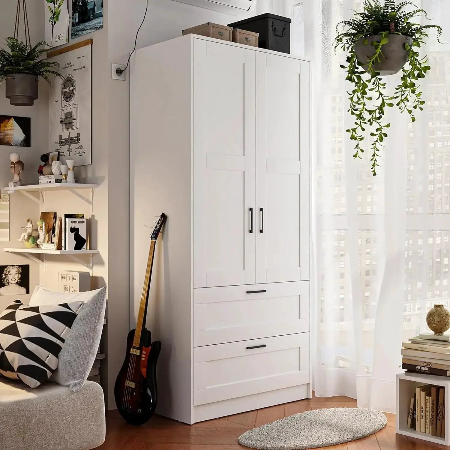 White Wood Wardrobe Closet with 2 Doors and 2 Drawers, Freestanding Armoire Storage with Shelves for Hanging Clothes from PriceLows™