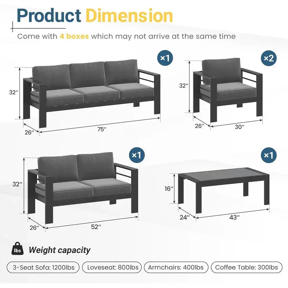 All-Weather Oversized Metal Patio Furniture Set with Deep Seating and Wide Armrests, Gray from PriceLows™