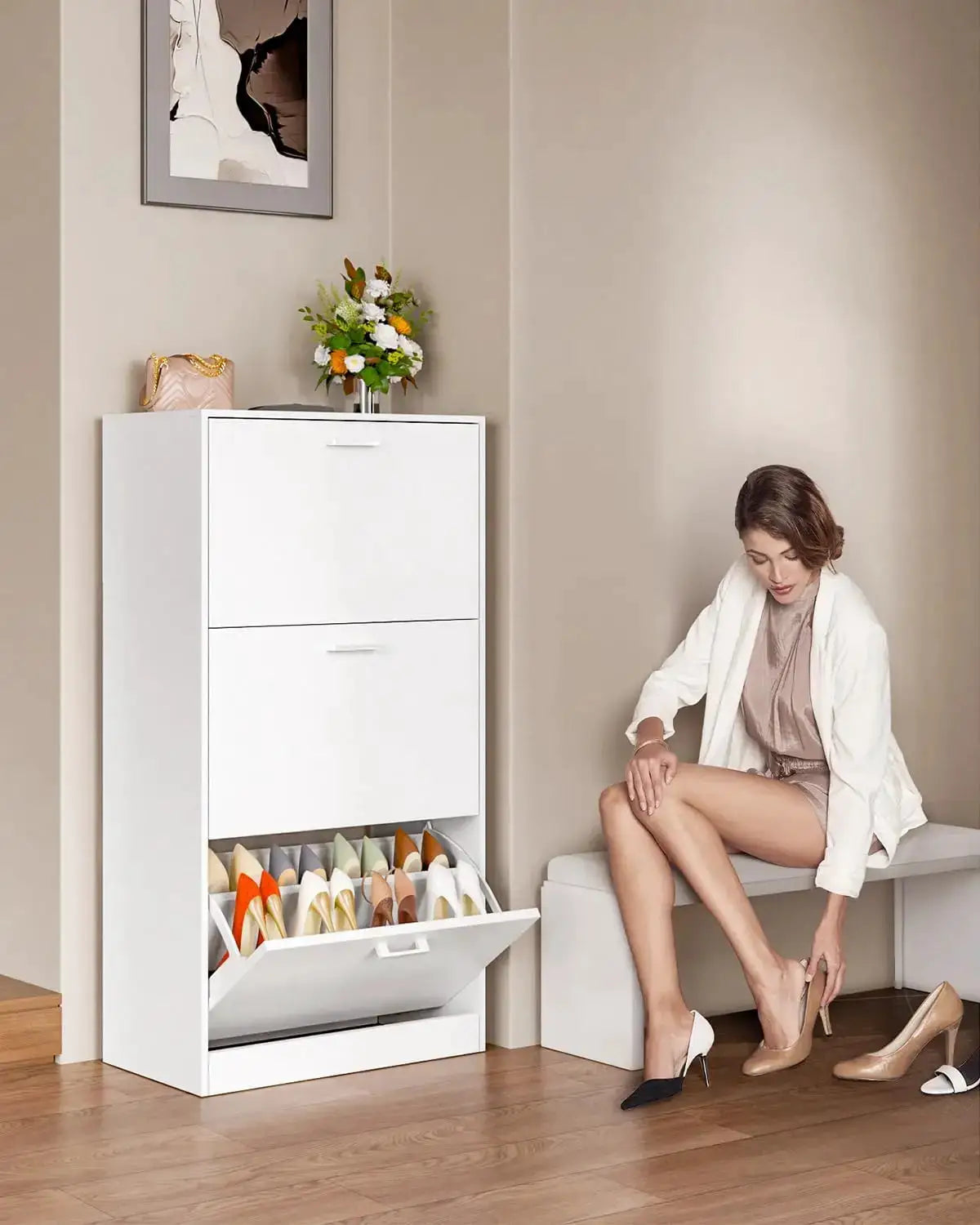 Shoe Cabinet with 2 or 3 Flip Drawers, Hidden Slim Freestanding Shoe Storage Cabinet, Narrow Freestanding Shoe Organizer from PriceLows™