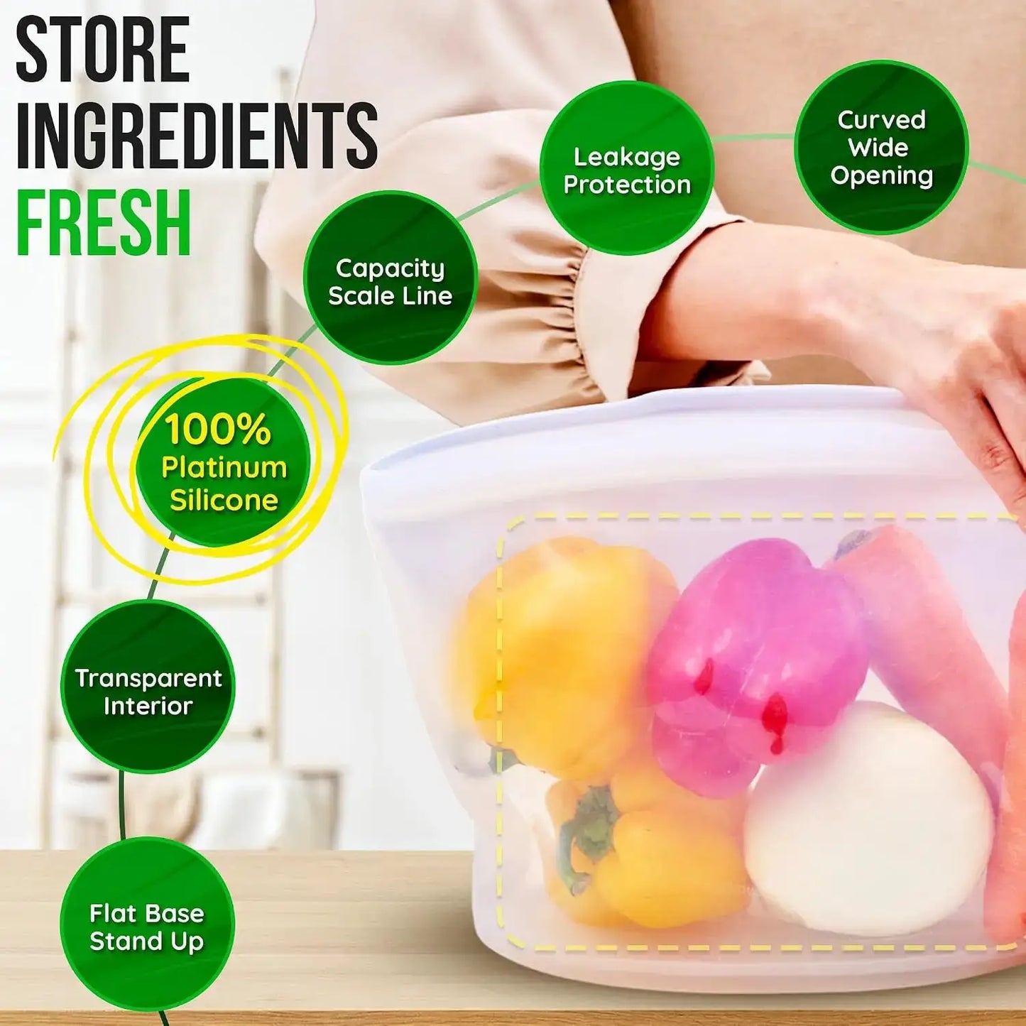 Reusable Silicone Food Storage Bags | BPA-Free | Freezer Safe | 2C, 3.5C, 6C