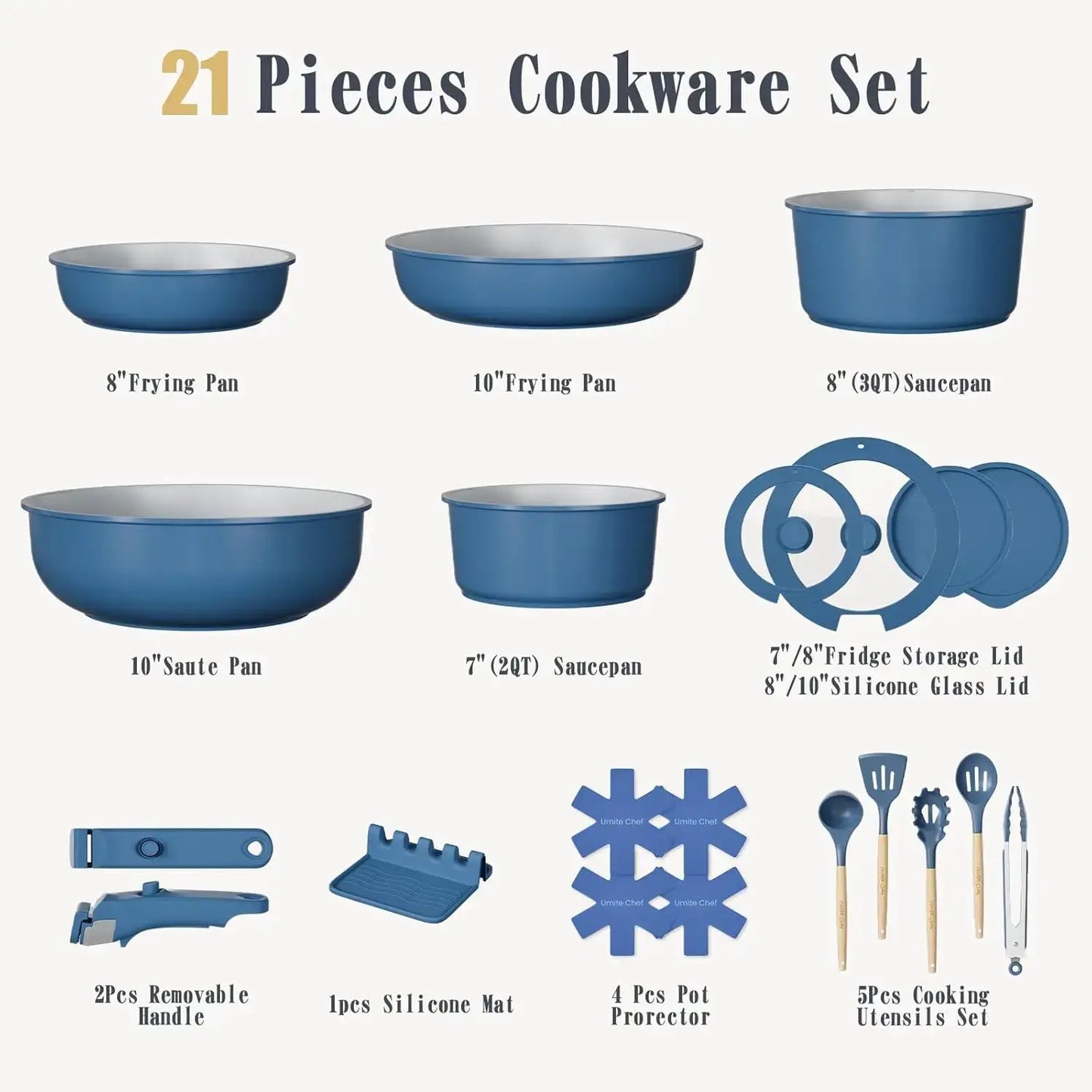 Non Stick Pots and Pans Set, 21 Pcs Ceramic Cookware with Detachable Handles, Induction Ready, Oven Safe, PFAS & PFOA Free, Navy from PriceLows™